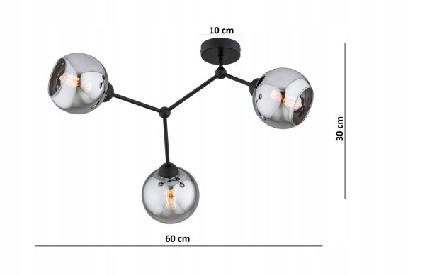 Deckenlampe 3-flammig Rauchglas Schwarz E27 L:70 cm