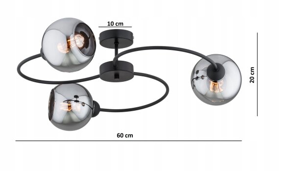 Deckenlampe Rauchglas Schwarz 3-flammig E27 L:70 cm
