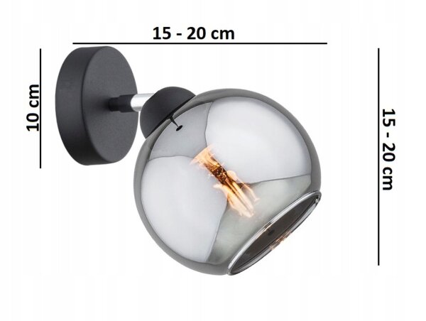 Wandspot schwenkbar Rauchglas Schwarz E27 T:20 cm