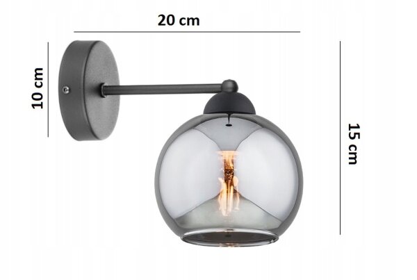 Wandleuchte Rauchglas Metall Schwarz E27 T:20 cm