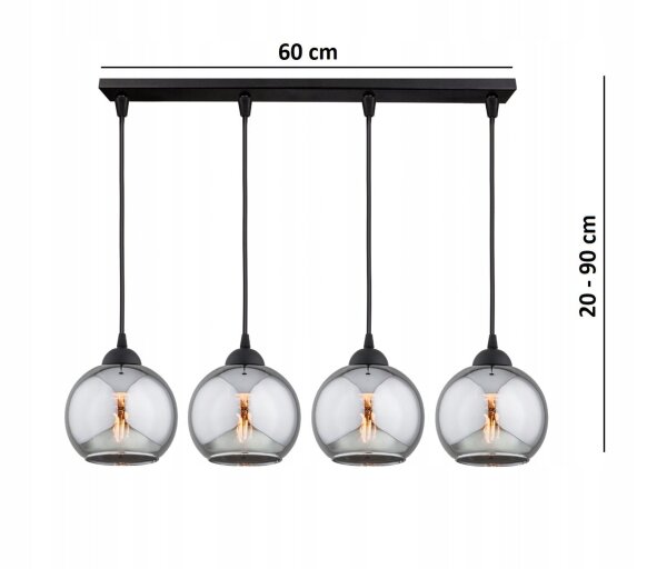 Hängelampe 4-flammig Rauchglas Kugel Schwarz E27 60 cm