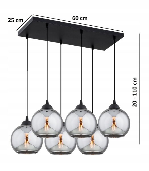 Hängelampe 6-flammig Rauchglas Schwarz E27 L:60 cm