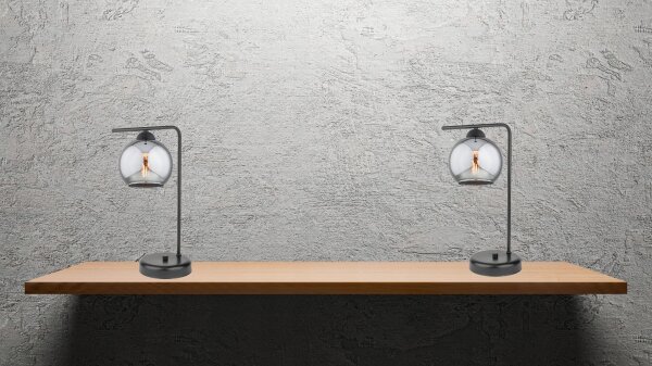 Tischleuchte Glas Metall Schwarz Rauchgrau E27 30 cm