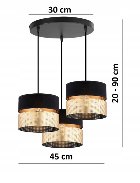 Pendelleuchte 3-flammig Schwarz Gold Modern E27 B:45 cm