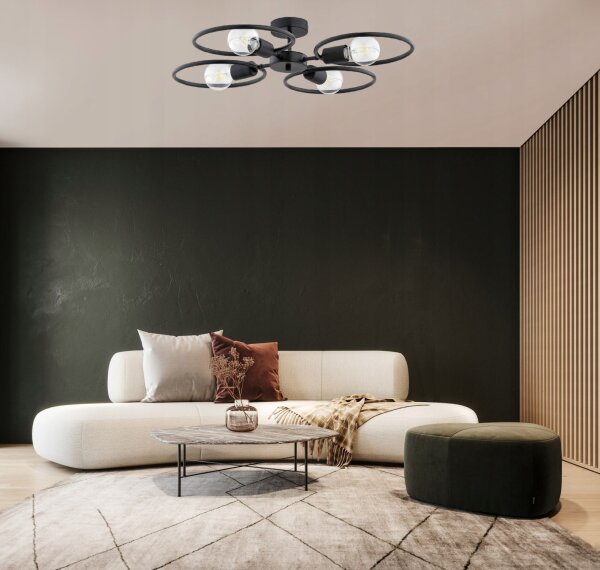 Deckenlampe 4-flammig Schwarz Metall E27 B:60 cm Modern