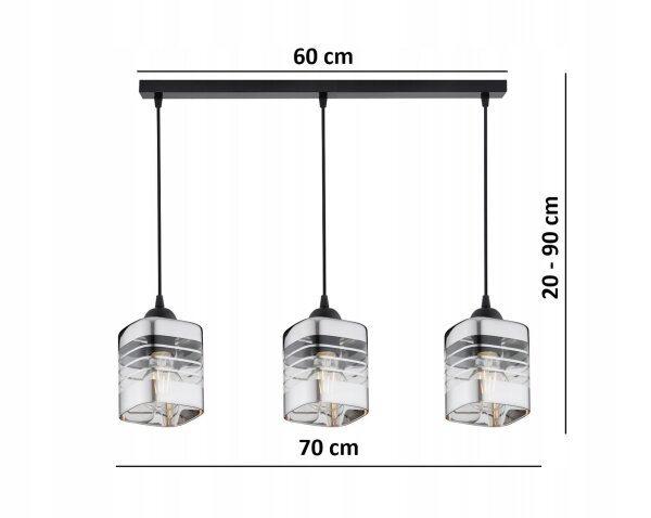 Pendelleuchte 3-flammig Metall Glas Silber E27 L:60 cm