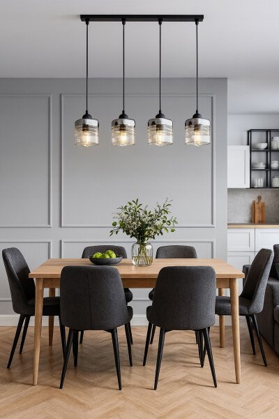 Pendelleuchte 4-flammig Glas Metall Silber E27 L:60 cm