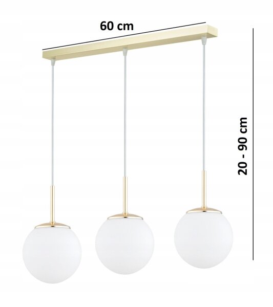 Pendelleuchte 3-flammig Glas Weiß Gold E27 L:60 cm