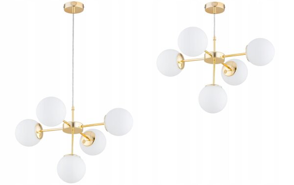 Pendelleuchte 5-flammig Glas Weiß Gold E27 L:60 cm