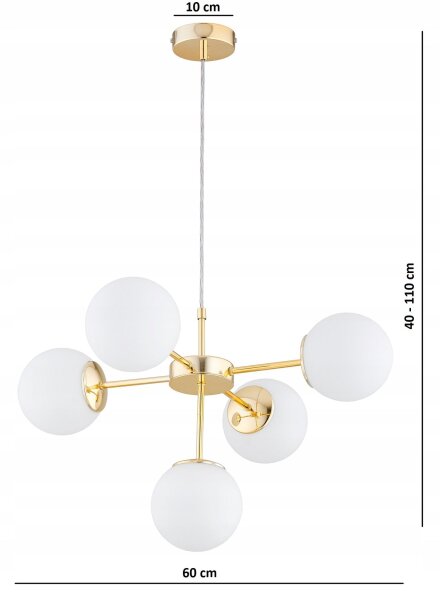 Pendelleuchte 5-flammig Glas Weiß Gold E27 L:60 cm