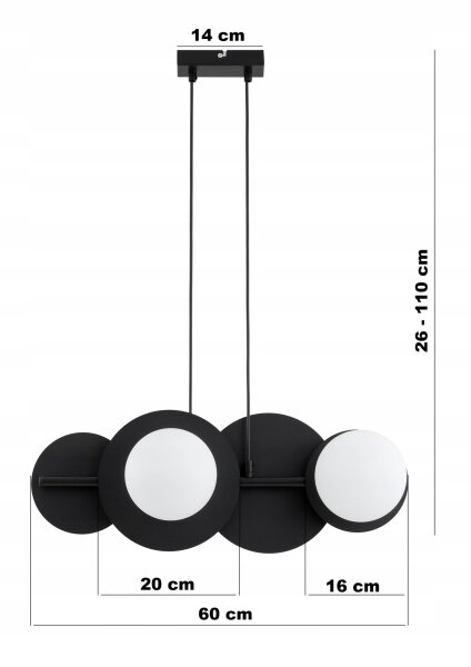 Pendelleuchte Glas Metall Schwarz E27 L:60 cm 4-flammig