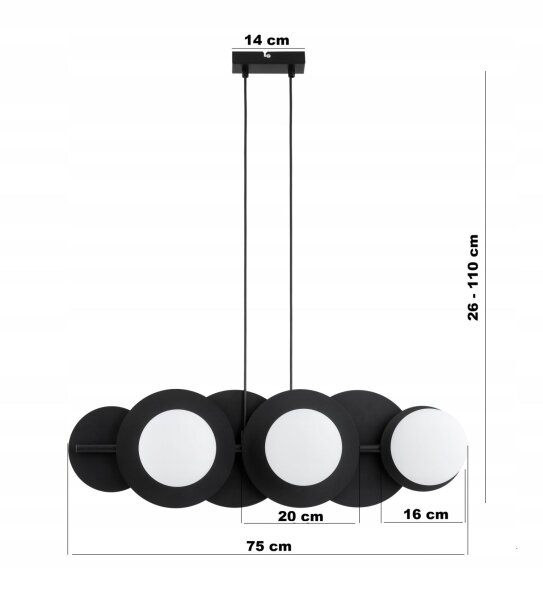 Pendelleuchte 6-flammig Metall Glas Schwarz E27 L:75 cm