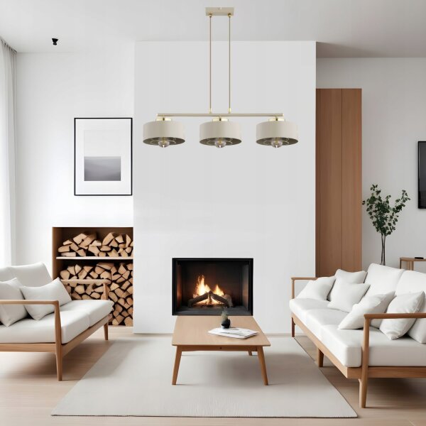 Pendelleuchte 3-flammig Beige Gold Metall E27 L:70 cm