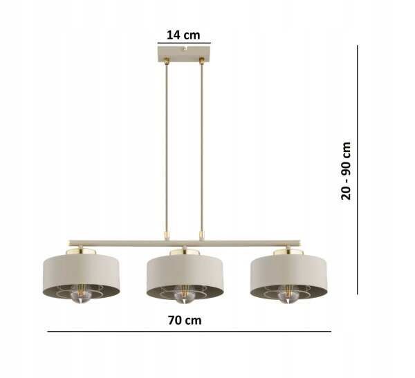 Pendelleuchte 3-flammig Beige Gold Metall E27 L:70 cm