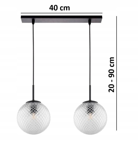 Pendelleuchte 2-flammig Schwarz Metall Glas E27 L:40 cm