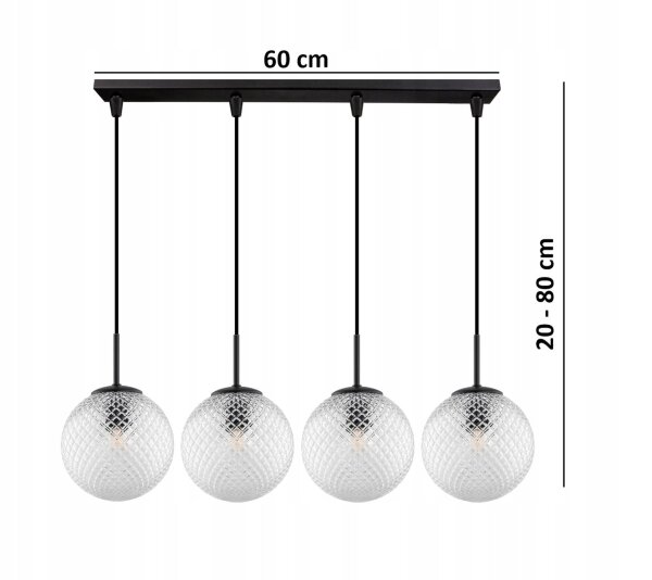 Pendelleuchte Schwarz Glas Metall 4-flammig E27 L:60 cm