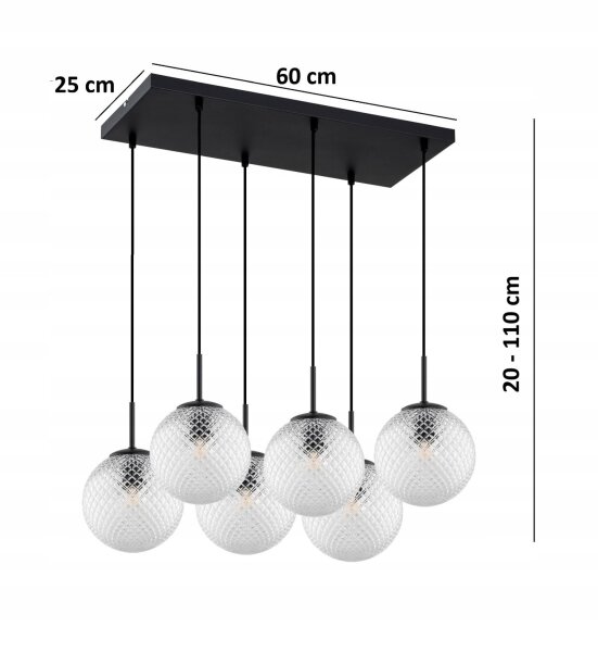 Hängelampe 6-flammig Metall Glas Schwarz E27 60 cm