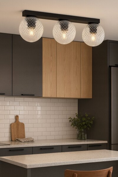 Deckenleuchte 3-flammig Glas Metall Schwarz E27 L:60 cm