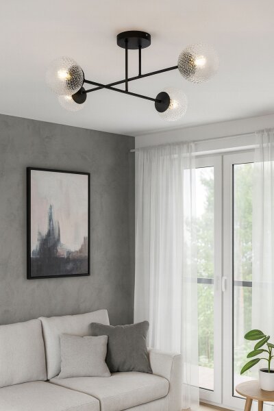 Deckenleuchte 4-flammig Glas Metall Schwarz E27 L:70 cm