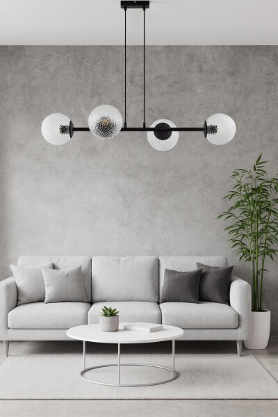 Pendelleuchte 4-flammig Glas Metall Schwarz E27 L:75 cm