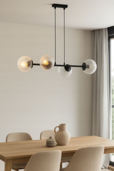 Pendelleuchte 4-flammig Glas Metall Schwarz E27 L:75 cm