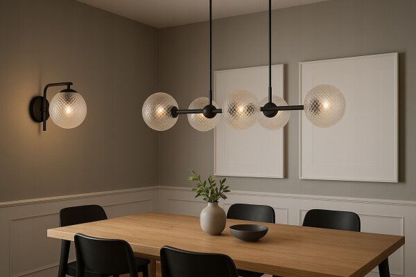 Pendelleuchte 6-flammig Metall Glas Schwarz E27 L:90 cm