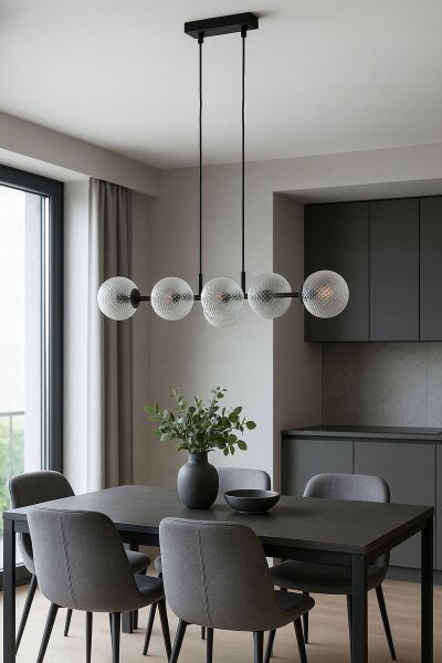 Pendelleuchte 6-flammig Metall Glas Schwarz E27 L:90 cm