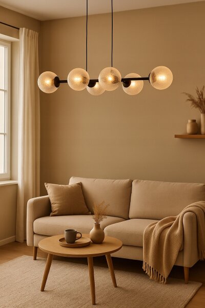 Pendelleuchte 6-flammig Metall Glas Schwarz E27 L:90 cm