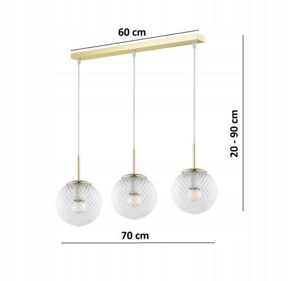 Pendelleuchte 3-flammig Glas Metall Gold E27 60 cm