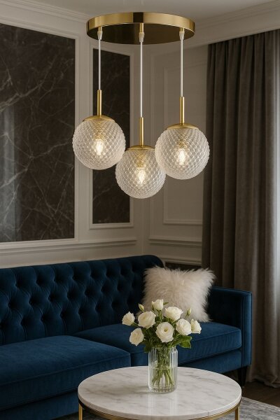 Pendelleuchte 3-flammig Gold Metall Glas E27 B:30 cm