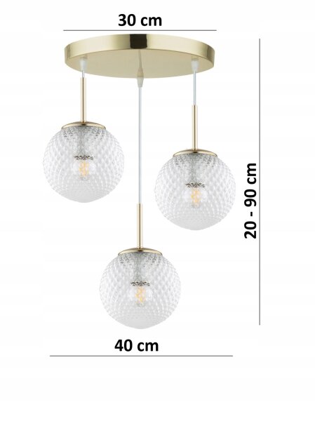 Pendelleuchte 3-flammig Gold Metall Glas E27 B:30 cm