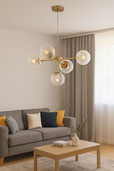 Pendelleuchte Glas Metall Gold 5-flammig E27 L:60 cm