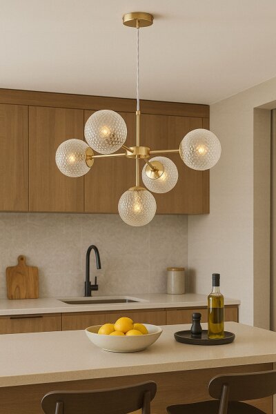 Pendelleuchte Glas Metall Gold 5-flammig E27 L:60 cm