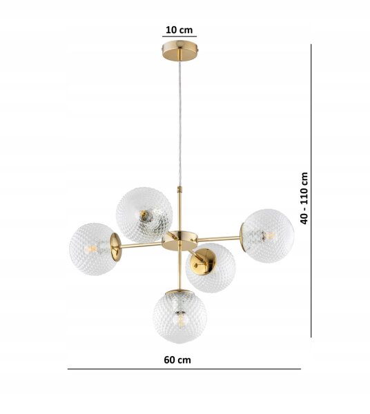 Pendelleuchte Glas Metall Gold 5-flammig E27 L:60 cm