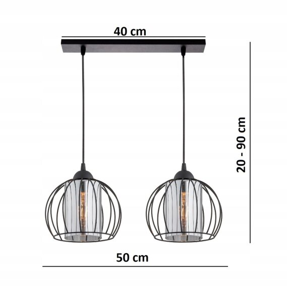 Pendelleuchte Glas Draht Schwarz E27 L:40 cm 2-flammig