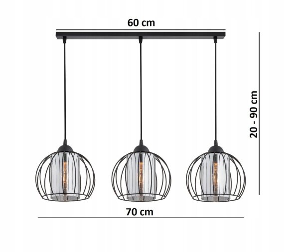 Pendelleuchte 3-flammig Glas Schwarz E27 L:70 cm Modern