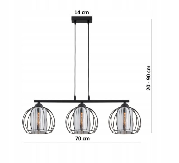 Pendelleuchte Glas Schwarz 3-flammig E27 L:70 cm Metall