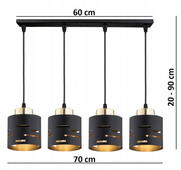 Pendelleuchte 4-flammig Schwarz Gold E27 L:70 cm Metall