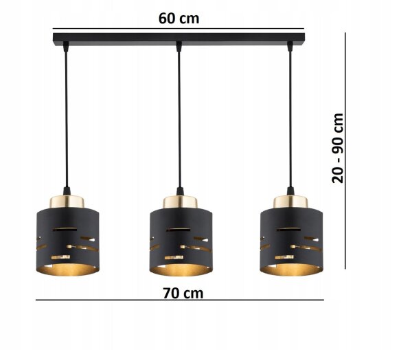 Pendelleuchte 3-flammig Metall Schwarz Gold E27 L:60 cm