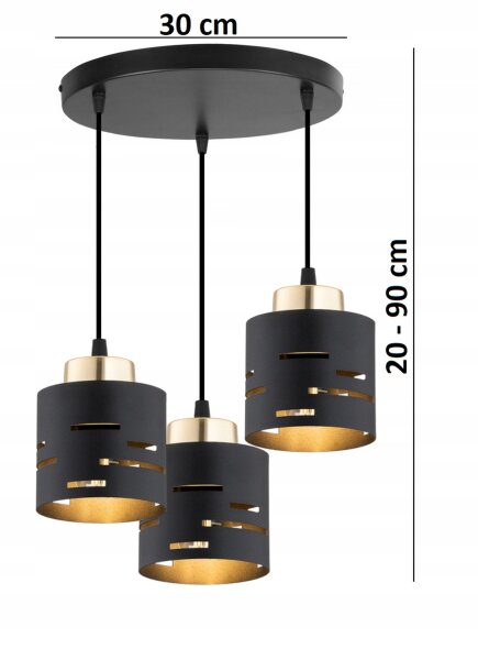 Hängelampe 3-flammig Schwarz Gold E27 B:30 cm rund