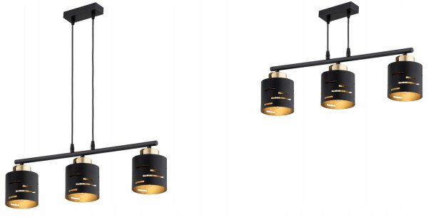 Pendelleuchte Schwarz Gold Metall 3-flammig E27 L:60 cm