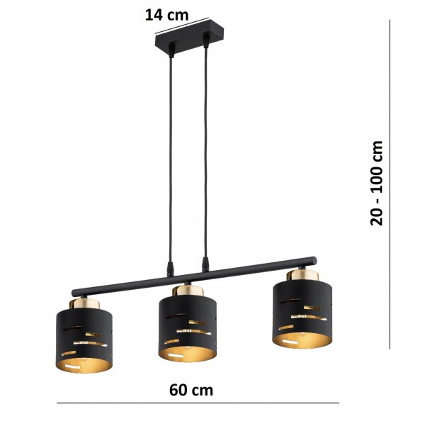 Pendelleuchte Schwarz Gold Metall 3-flammig E27 L:60 cm