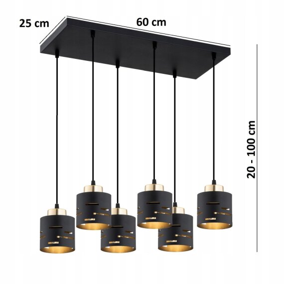 Pendelleuchte Metall Schwarz Gold E27 L:60 cm 6-flammig