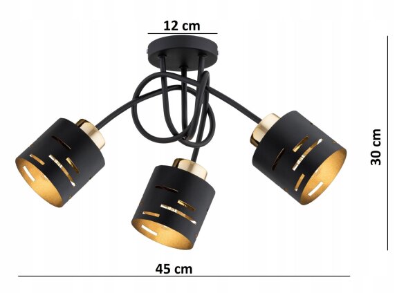 Deckenleuchte 3-flammig Metall Schwarz Gold E27 L:45 cm