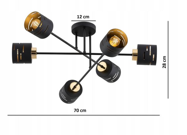 Deckenlampe 6-flammig Schwarz Gold E27 B:70 cm Modern