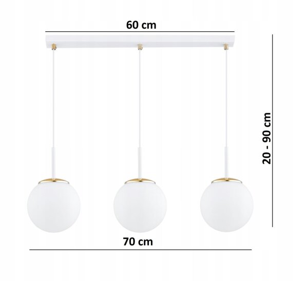 Pendelleuchte 3-flammig Glas Weiß Gold E27 L:60 cm