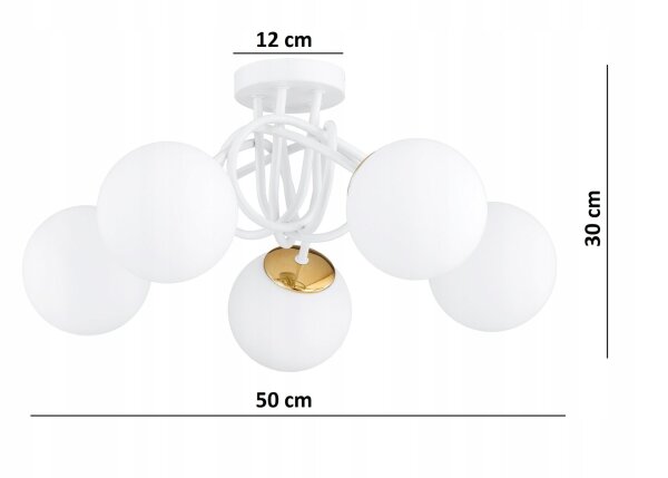 Deckenleuchte 5-flammig Glas Weiß Gold E27 L:50 cm