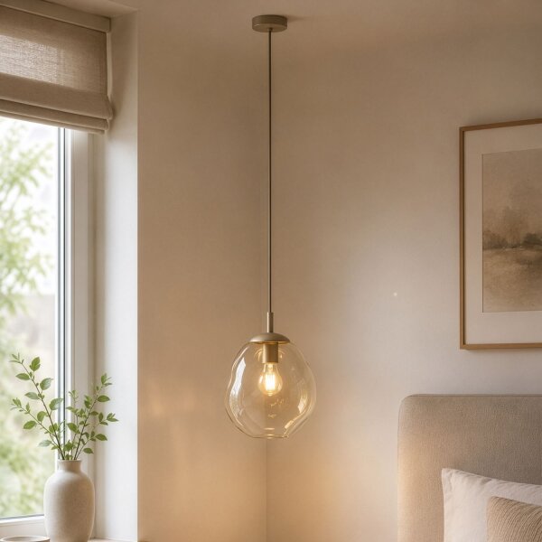 Pendelleuchte Glas Metall Sandfarben Cognac E27 Ø25 cm
