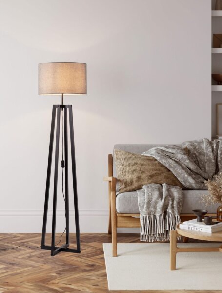 Stehlampe E27 153 cm Schwarz Grau Holz Stoffschirm Modern