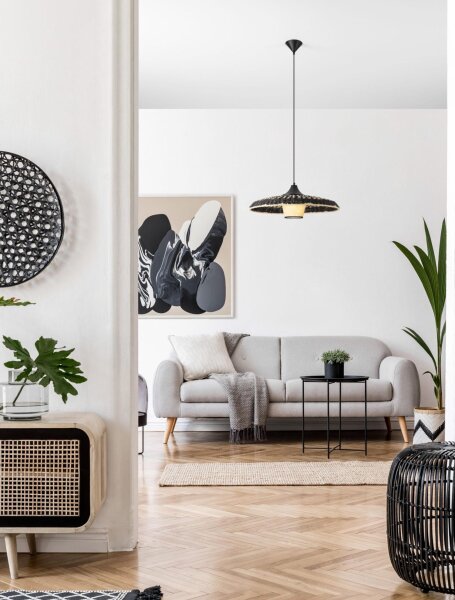 Pendelleuchte E27 Ø 61 cm Schwarz Natur höhenverstellbar